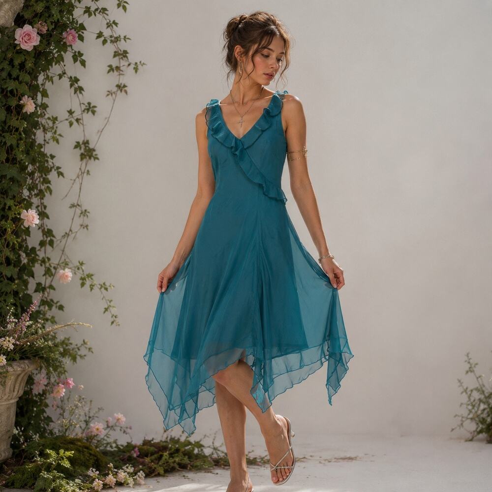 Be Smart Teal Chiffon Y2K Ruffle Dress Sz 3/4 Fairy Romantic Coquette Asymmetric